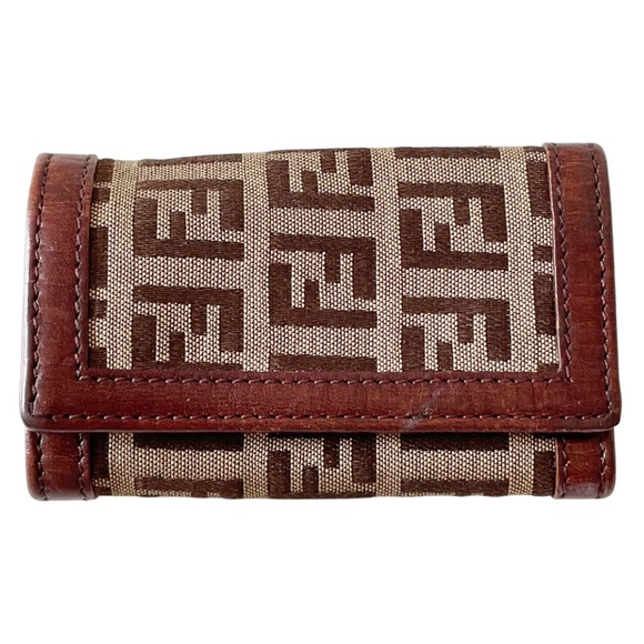 Fendi tan FF monogram canvas brown leather key wallet - Picture 1 of 9